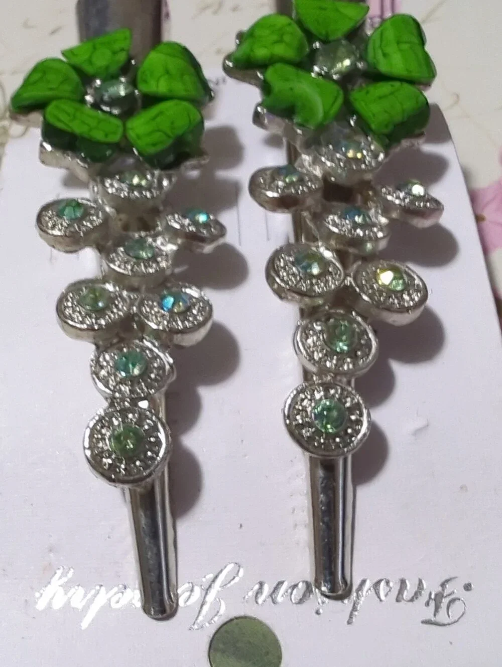 Pair of New / Old Stock Silver Tone Green Jeweled Pelican Style Hair Clips
